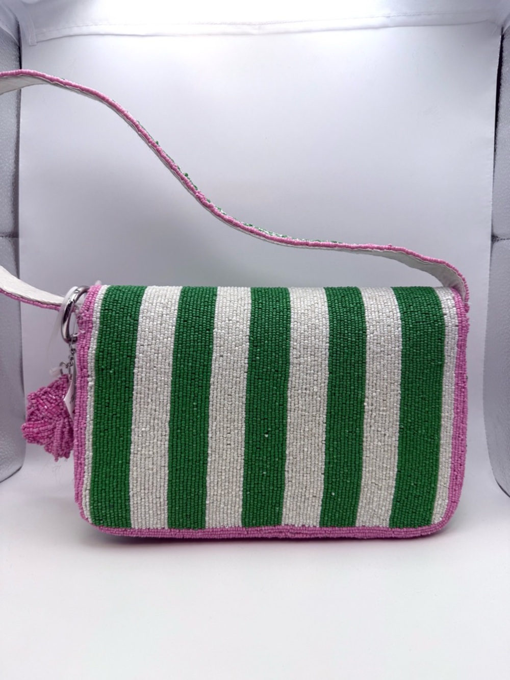 Striped Pink & Green Beaded Shoulder Bag - Picture 3 of 6